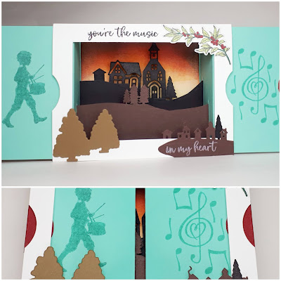 Shadow-Box-Karte musikalisch mit Trommler, Sonnenuntergang im Dörfle mit Walzengrifftechnik, Stampin' Up! www.eris-kreativwerkstatt.blogspot.de