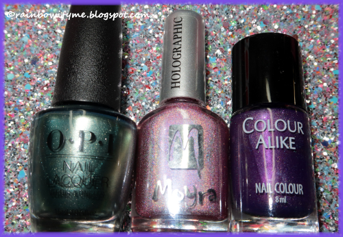 OPI: Decked To The Pines; Moyra #256; Colour Alike #497