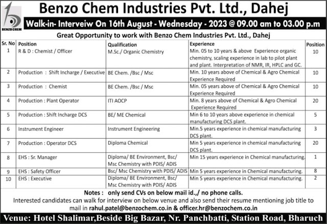 Benzo Chem Industries, Dahej Walk In Interview For Production/ R&D/ DCS/ Instrument/ EHS - Multiple Opening