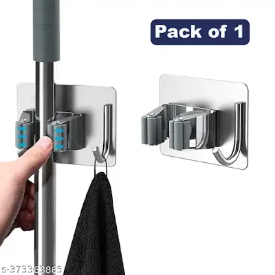Adhesive Stainless Steel Mop & Broom Holder with Hook