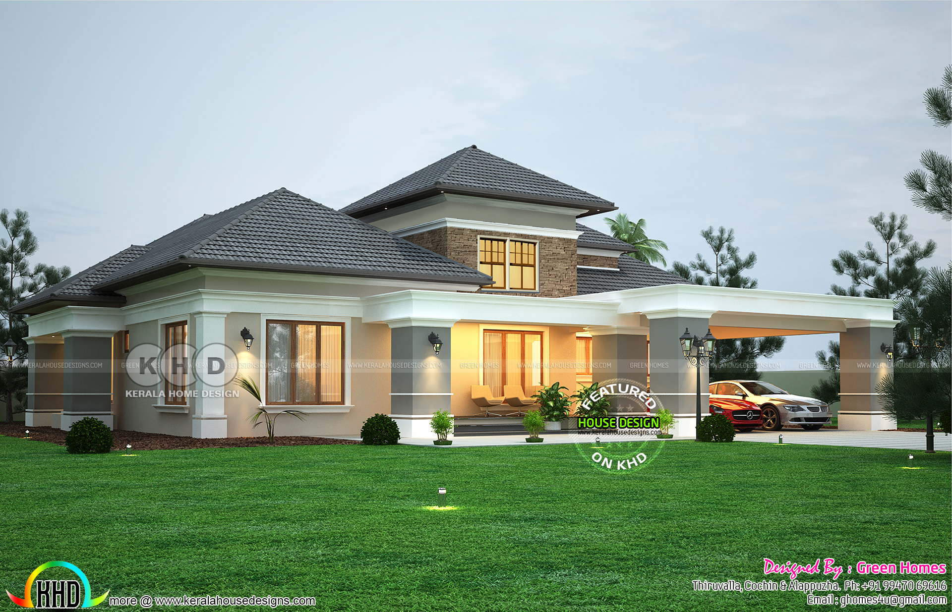 Elegant sloping roof bungalow  design  2990 sq ft Kerala  