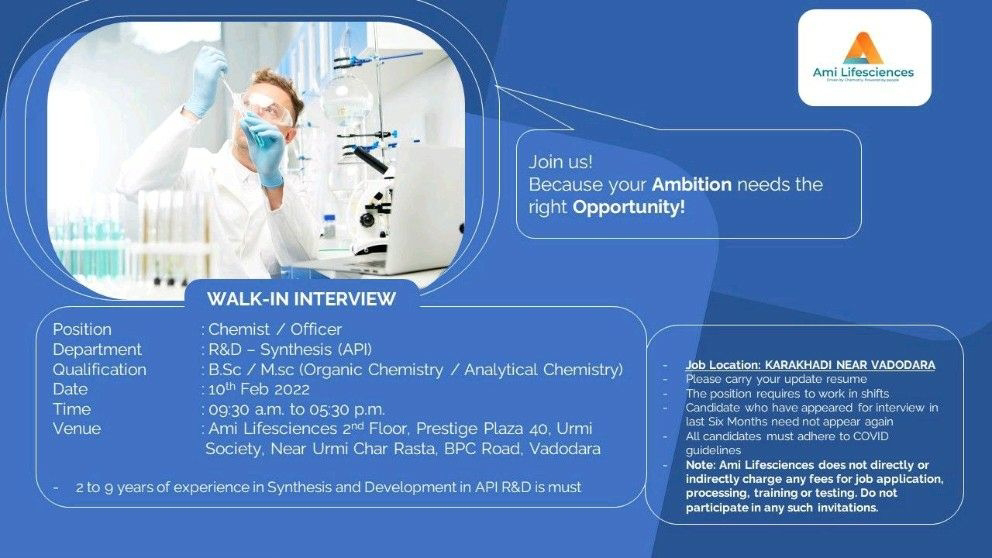 Job Availables,Ami Lifesciences Walk-In-Interview For BSc/ MSc( Organic/ Analytical Chemistry)