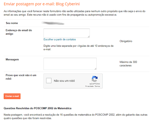 Página de compartilhamento por e-mail do Blogger