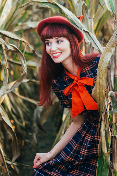 Unique Vintage 1950s Navy & Orange Plaid Cora Swing Dress