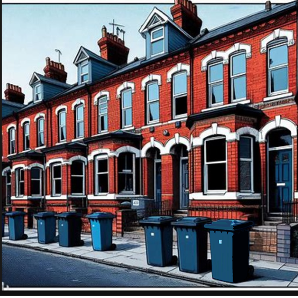 An AI-generated image of a row of rubbish bins, with a blue one in the middle, outside a row of terraced houses.