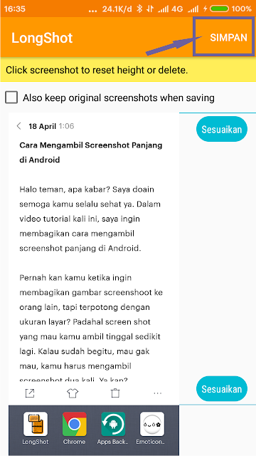 Simpan hasil screenshot dari LongShot