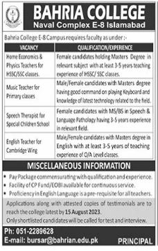 Bahria College Management jobs in Islamabad 2023