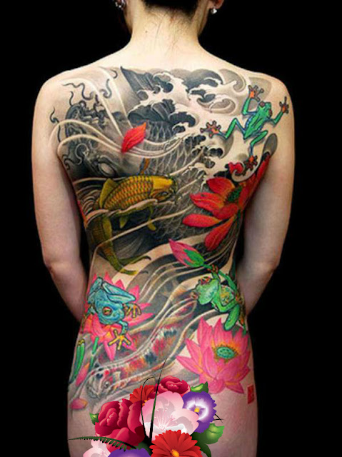 Tatuagens Femininas Oriental com Carpa, Sapos e Lotus nas Costas