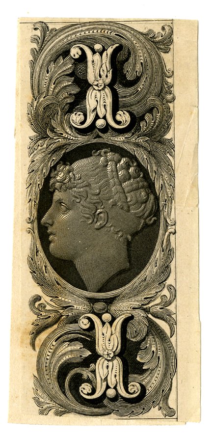 Vertical format. Female profile portrait at centre. Ornamental patterns at lower and upper centre. Design printed in black on tan paper. (19th c)