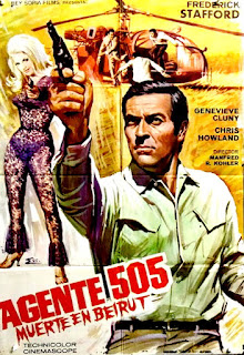 AGENTE 505 MUERTE EN BEIRUT. España. Cartel: 70 x 100 cms. Ilustración: Carlos Escobar "Esc". Imprenta: Gráficas Valencia, Valencia. AGENTE 505 MUERTE EN BEIRUT. Agent 505 - Todesfalle Beirut. 1966. Alemania Occidental, Italia, Francia. Dierección: Manfred Köhler. Reparto: Frederick Stafford, Chris Howland, Geneviève Cluny, Harald Leipnitz, GisellaArden, Willy Birgel, Pierre Richard, Renato Lupi, René Wolf, Renate Ewert.