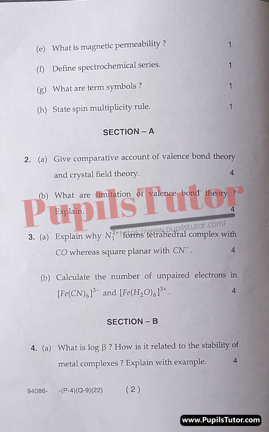 M.D. University B.Sc. [Bio-Tech] Inorganic Chemistry 5th Semester Important Question Answer And Solution - www.pupilstutor.com (Paper Page Number 2)