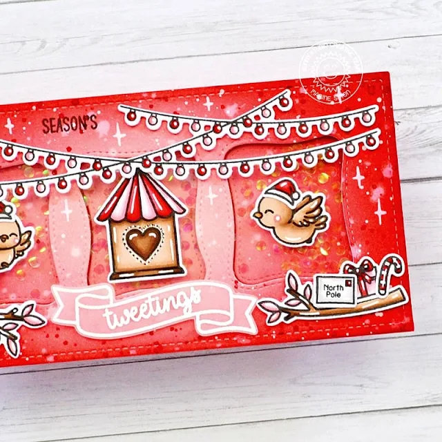 Sunny Studio Stamps Mini Slimline Bird Christmas in July Card by Marine (using Little Birdies, Scenic Route, Outback Cirtters, Christmas Critters, Holiday Express, Penguin Pals & Wonky Windows Dies)