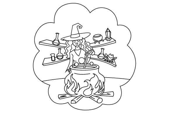 Download Witch Brewing Potion Coloring Page for Silhouette Portrait, Silhouette Cameo, Silhouette Curio, Silhouette Alta, Silhouette Mint