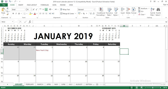 2019 Excel Calendar Template