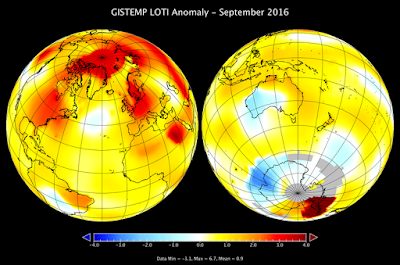 Período foi 0,91ºC mais quente que a temperatura média dos setembros entre os anos de 1951 e 1980.   Mapa da temperatura na Terra em setembro de 2016 (Foto: Nasa/GISS)  O ultimo mês foi o setembro mais quente em 136 anos, de acordo com os registros da Nasa. O período foi 0,91ºC mais quente que a temperatura média dos setembros entre os anos de 1951 e 1980. A temperatura de setembro de 2016 teve uma pequena diferença de 0,004 graus Celsius em relação com o mais quente setembro anterior, o de 2014. A margem é tão estreita que mantém os dois meses quase que empatados.  A Nasa aponta que 11 dos últimos 12 meses consecutivos, que datam desde outubro de 2015, estabeleceram novos recordes de temperatura. Ela também divulgou uma mudança na avaliação com relação ao mês de junho deste ano, que tinha sido relatado como o mais quente da história. Segundo a agência, o último junho foi o terceiro mais quente, atrás dos anos de 2015 e 1998.  “Rankings mensais são sensíveis a atualizações nos registros, e nossa mais recente atualização para as leituras do meio do inverno no pólo sul mudou o ranking de junho”, disse Gavin Schmidt, diretor do Instituto Goddard para Estudos Espaciais (GISS, sigla em inglês). “Nós continuamos a destacar que, enquanto rankings mensais são de interesse jornalístico, eles não são tão importantes como as tendências a longo prazo”.  A análise mensal da GISS é feita a partir de dados disponíveis e coletados em 6.300 estações meteorológicas em todo o mundo, com instrumentos navais e localizados em boias para a medição da temperatura da superfície do mar e estações de pesquisa da Antártica.  Fonte: NASA