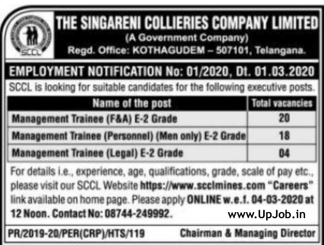 sccl mines notification 2020 MT career 42 Post Notification Application Form