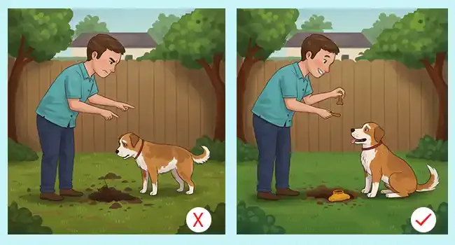 Tutor recompensando cachorro com petisco no quintal por não cavar, demonstrando técnica de reforço positivo