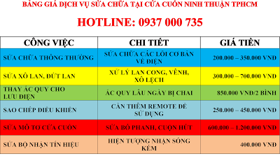 BẢNG GIÁ DỊCH VỤ LẮP ĐẶT SỬA CHỮA TẠI TPHCM - CỬA CUỐN NINH THUẬN