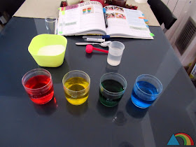 Preparación para hacer un experimento con líquidos de colores de diferentes densidades