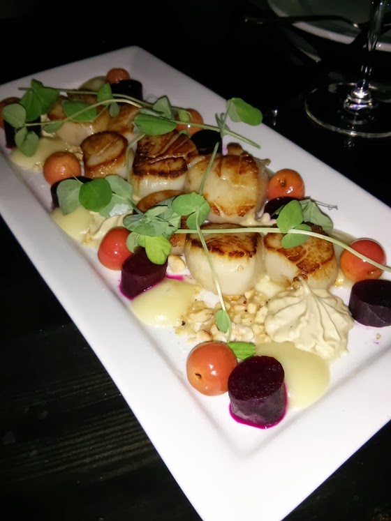 Local Lounge: Seared Scallops with Foie Gras Mousse, Truffled Apple Emulsion, Poached Apple, and Smoked Hazelnut Crumble