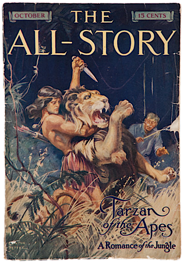 Tarzan, knife in one hand, grabbing a lion that's rearing up in strangle hold with other arm from behind / 'Tarzan of the Apes: A Romance of the Jungle' 