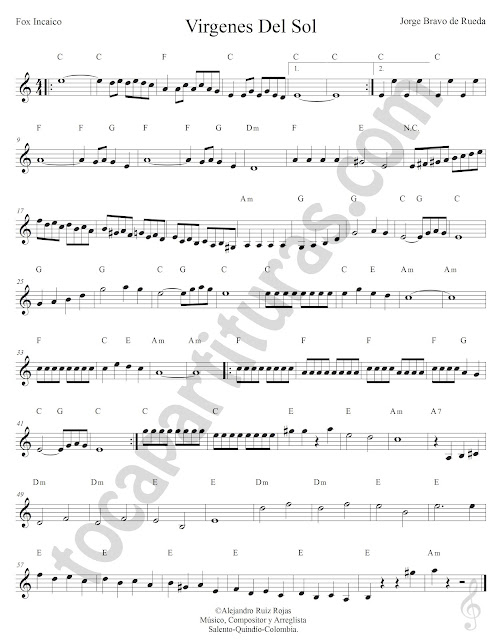 Vírgenes del Sol de Jorge Bravo de Rueda Partitura Fácil con Acordes Virgenes del Sol Sheet Music with Chords