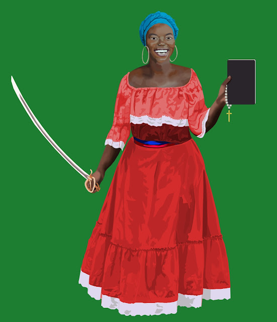 Romaine in Haitian dress holding a sabre, rosary and Bible