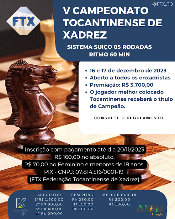 Estudantes regularmente matriculados em instituições do Tocantins podem se  inscrever no Campeonato de Xadrez