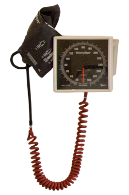 A hospital blood pressure cuff mounted on the wall.