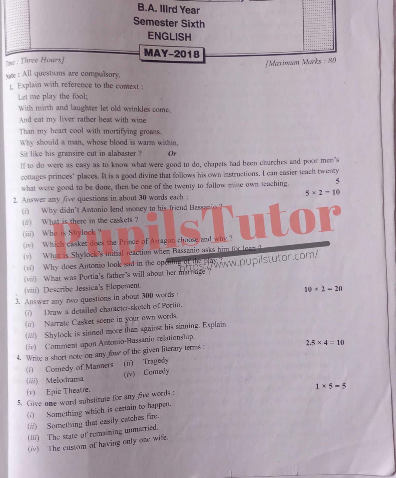 CDLU (Chaudhary Devi Lal University, Sirsa Haryana) BA Semester Exam Sixth Semester Previous Year English Question Paper For May, 2018 Exam (Question Paper Page 1) - pupilstutor.com