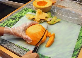 Slice the cantaloupe into chunks.