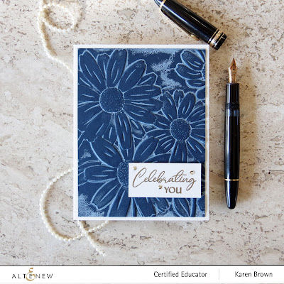 Navy cardstock + white pigment ink + Altenew Daisies 3D embossing folder