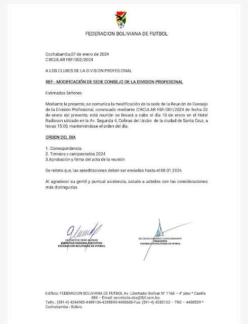 Comunicado de la FBF modificacion sede consejo de division profesional