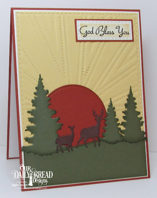 ODBD 'Rose', ODBD Custom Trees & Deer Dies, ODBD Custom Curvy Slopes Dies, ODBD Custom Sunburst Background Dies, ODBD Custom Pierced Circles Dies, ODBD Custom Pierced Rectangles Dies, ODBD Custom Double Stitched Rectangles Dies, Card Designer Angie Crockett