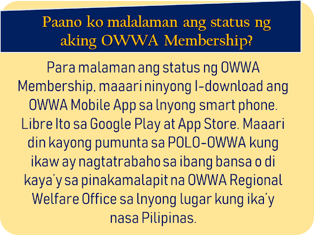 The overseas Filipino workers (OFW) has long been waiting for the iDOLE card which was promised by the Department of Labor and  Employment (DOLE). It is said to replace the hassle and lengthy queues in applying for overseas employment certificate (OEC) and make the lives of the OFWs easier. With the release of the iDOLE being canceled due to lapses in implementation, the Overseas Workers Welfare Administration (OWWA) is now releasing a new ID for OFWs which is called the OWWA OFW e-Card. What is it and how to get it? In this article, we provided you with some vital information about the card as well as how and where the OFWs can get it.     Ads     Sponsored Links    What is OWWA OFW e-CARD?   OWWA OFW e-Card is proof of being an active OWWA member and aims to hasten access to OWWA programs and services. It is also recognized as a government-issued ID that can be used or presented in any transactions with Philippine Overseas Labor Office (POLO) or consulates and embassies abroad should an OFW need to avail assistance.    Who can apply for the OWWA OFW e-CARD?   All "balik-manggagawa" with an active OWWA membership, valid Overseas Employment Certificate / Exemption Number and valid passport may apply for OFW e-CARD. Note that your OWWA membership must be valid for more than 90 days from the day of your application to get an OFW e-CARD.   Can the newly deployed OFWs apply?   Currently, the OWWA OFW e-CARD is in Phase 1 only so Balik-Manggagagawa will first be given the first. The next month will also launch Phase 2 of the OFW E-Card where other active OWWA members who are not included in Phase 1 may also apply for the OWWA OFW e-Card.   Who are the Balik-Manggagawa?   According to the POEA Rules and Regulations, Balik-Manggagawa is an OFW who completes or currently completes the employment contract and:   a. Returning to the same employer/employer in the former workplace   b. Returns to the same employer/employer in the new workplace.   New hires, direct hires, and the Government Placement Branch (GBP) -hired workers are NOT among the Balik-Mangagagawa.   What are the benefits available to OWWA using the OWWA OFW e-CARD?  OWWA OFW e-CARD has various benefits for active OWWA members, as follows: Faster avails of OWWA programs and services It will serve as the exit clearance of the country Gaining Digital OWWA OFW e-CARD to OWWA Mobile App that can be used as well as OWWA OFW e-CARD Obtaining a permanent OWWA / OFW membership number Recognized government-issued Identification Card     How do I know the status of my OWWA Membership?   To find out about OWWA Membership status, you can Download the OWWA Mobile App on a smartphone. It's free on Google Play and App Store. You can also go to POLO-OWWA if you are working in a country or in an OWWA Regional Welfare Office at a place where you are in the Philippines.   If my OWWA Membership expired, where can I renew?   If an OWWA membership expires but there is still an active contract, you can renew the following procedures:   Online  - Visit and OWWA website www.owwa.gov.ph and just request the message at the top of the Online Application Form for OWWA OFW e-CARD  - You can also renew through the OWWA Mobile App   In Abroad  - Go to the POLO-OWWA office in your country In the Philippines  - Go to OWWA Regional Welfare Offices and OWWA satellite offices located at POEA Ortigas, NAIA Terminal 1, 2, and 3, Trinoma, and the Duty-Free Fiesta Mall.    Fill out the application form and select OWWA regional office on where you want to claim your OWWA OFW e-card  Click the submit button after completing the form.  Add your e-mail address or your Facebook profile name to monitor your card status and by visiting this link to check for the delivery status (card status tracker)  Get the OWWA e-card on your chosen OWWA regional welfare office.   How do I get my OWWA OFW e-CARD?   Please make an online application form and select OWWA Regional Welfare Offices where you want to pick up the OWWA OFW e-CARD.   If I am still abroad, can I apply for an OWWA OFW e-CARD?   Yes. Back-Workers who are still abroad may apply for OWWA OFW e-CARD online at www.owwa.gov.ph. For the time being, the pick-up location for OFW e-CARO is limited to OWWA Regional Welfare Offices in the Philippines. The OFW can take his OWWA OFW e-CARD to the country. Please note that an OWWA membership of an OFW must not be less than 90 days from the date of application to obtain an OWWA OFW e-CARD.   Can I get the OWWA OFW e-CARD even though I'm still abroad?   Possible. The OWWA Authorization Letter only provides the authoritative relative with a copy of the OFW's Passport Identification Page and filed it with the selected OWWA Regional Welfare Office.   What if I lost my OWWA OFW e-CARD?   OWWA OFW e-CARD is only free of charge. Contact the nearest OWWA Regional Welfare Office for information on how to obtain a new OWWA OFW e-CARD.overseas Filipino workers, OFW, iDOLE, Department of Labor and  Employment,  DOLE, overseas employment certificate, Overseas Workers Welfare Administration,OWWA OFW e-Card