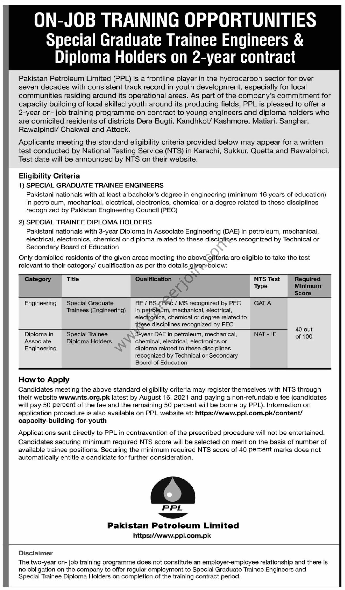 Pakistan Petroleum Ltd On Job Training Programme 2021