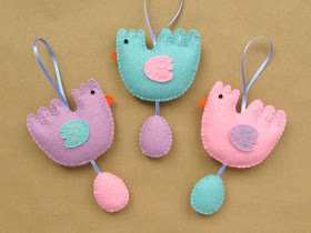Set of three cute felt chicken & egg ornaments