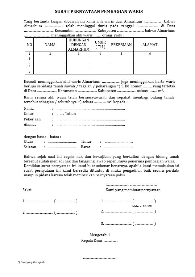 Download Form Surat Waris File Word