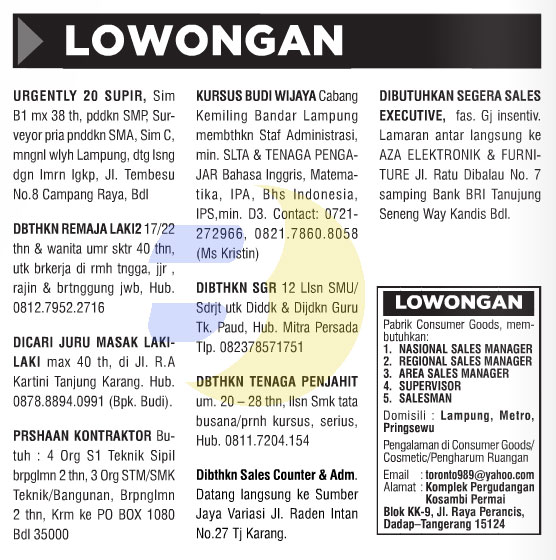 Lowongan Kerja Baris Lampung Post 29 Agustus 2015