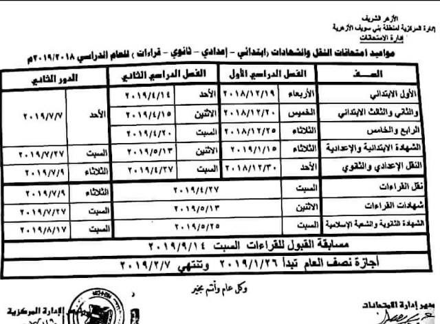 بوابة الازهر : جدول مواعيد امتحانات النقل والشهادات ابتدائى واعدادى وثانوى وقراءات 2018 / 2019