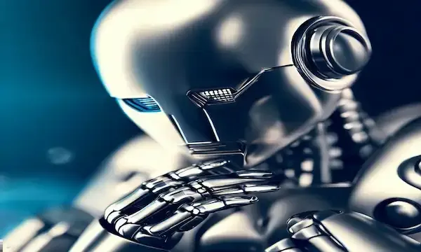 a close-up of a robot thinking. The robot has a metallic head with a human-like face. It has large, expressive eyes and a small mouth. The robot's head is tilted to one side, and its brow is furrowed. This suggests that the robot is deep in thought.