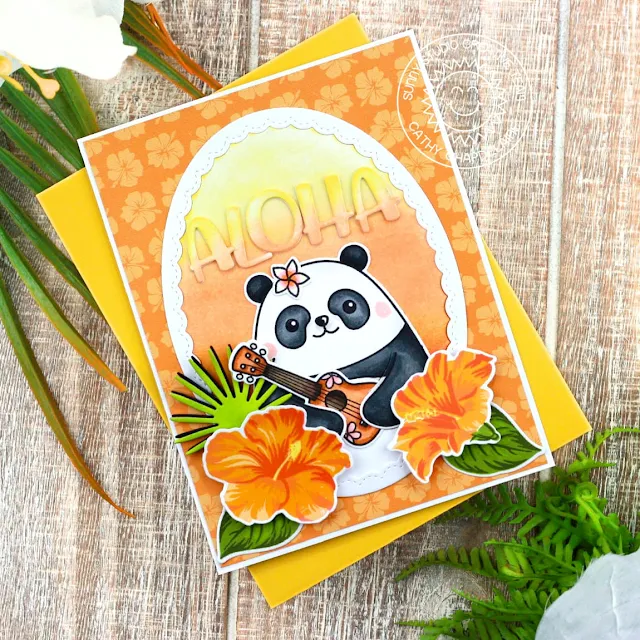 Sunny Studio Stamps: Big Panda Tropical Themed Card by Cathy Chapdelaine (featuring Hawaiian Hibiscus, Summer Greenery Dies, Chloe Alphabet Dies, Fancy Frame Dies)