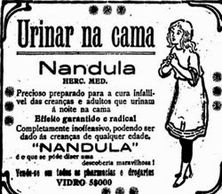 Propaganda do medicamento Nandula que combatia o ato de urinar na cama, ao dormir.