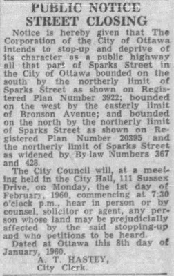 Two-paragraph newspaper item titled PUBLIC NOTICE STREET CLOSING issued by A. T. Hastey, City Clerk, with a legal definition of the closure to serve as official notice of the plan to close the leg of Sparks connecting to Wellington.