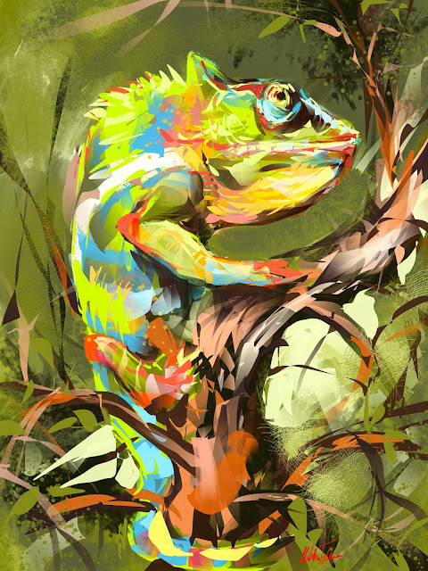 Lizard on tree digital painting by  MIkko Tyllinen