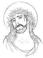 Religious coloring page of Jesus with crown of thorns during crucifixion