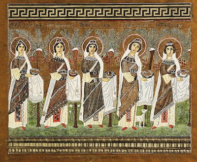 Byzantine mosaics, Procession of Saints, Basilica of Saint Apollinare the Nine, Ravenna, Italy