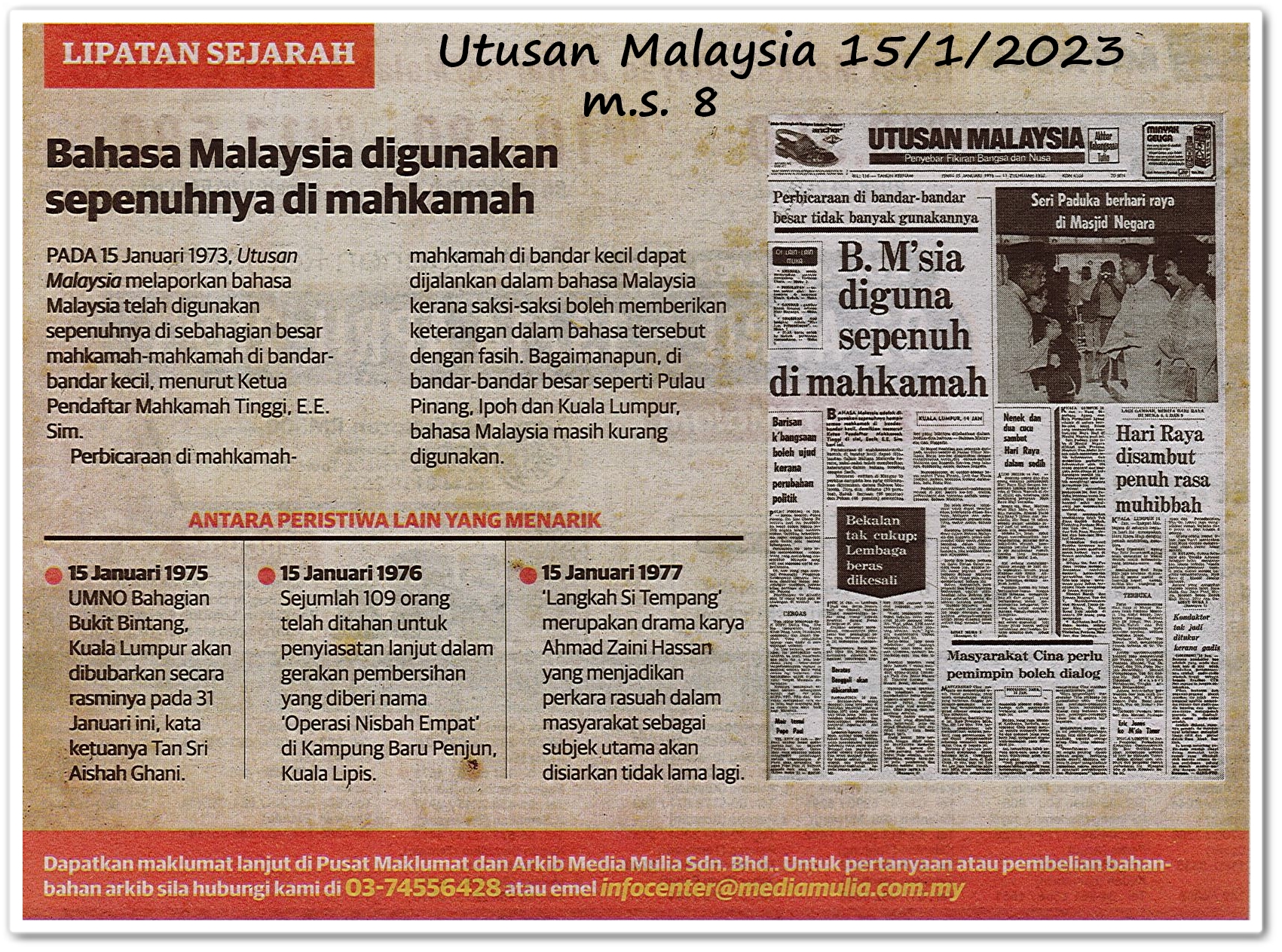 Lipatan sejarah 15 Januari - Keratan akhbar Utusan Malaysia 15 Januari 2023