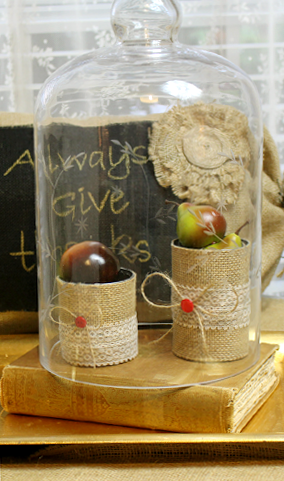 Tin cans wrapped with burlap, small Fall vignette