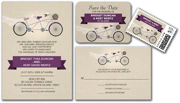  Faux Linen Plum Tandem Bicycle Wedding Invitation